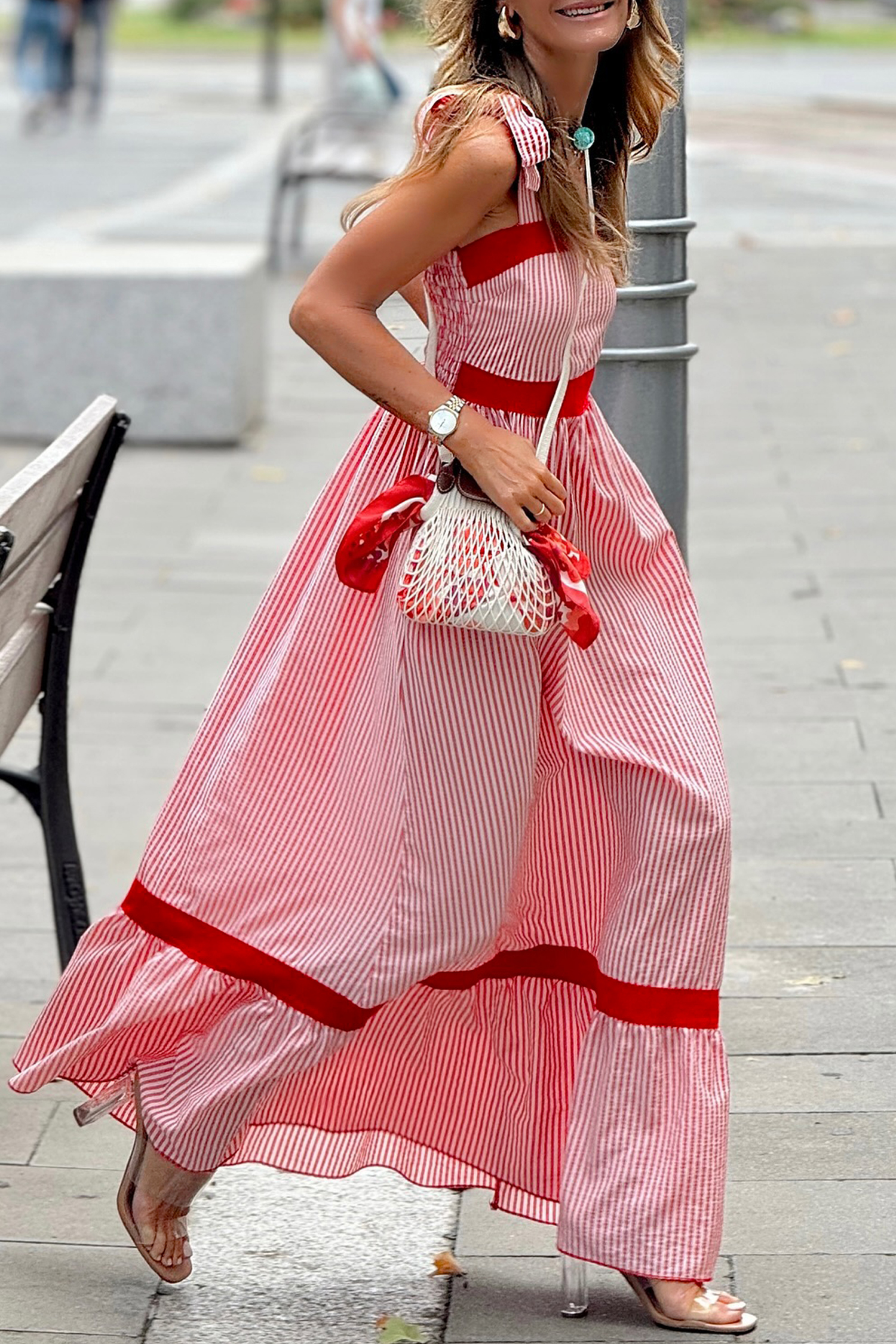Southern Belle Style Striped Maxi Dress – Sleeveless Ruffle Hem Dress for Summer Daily Wear - Detail View 2