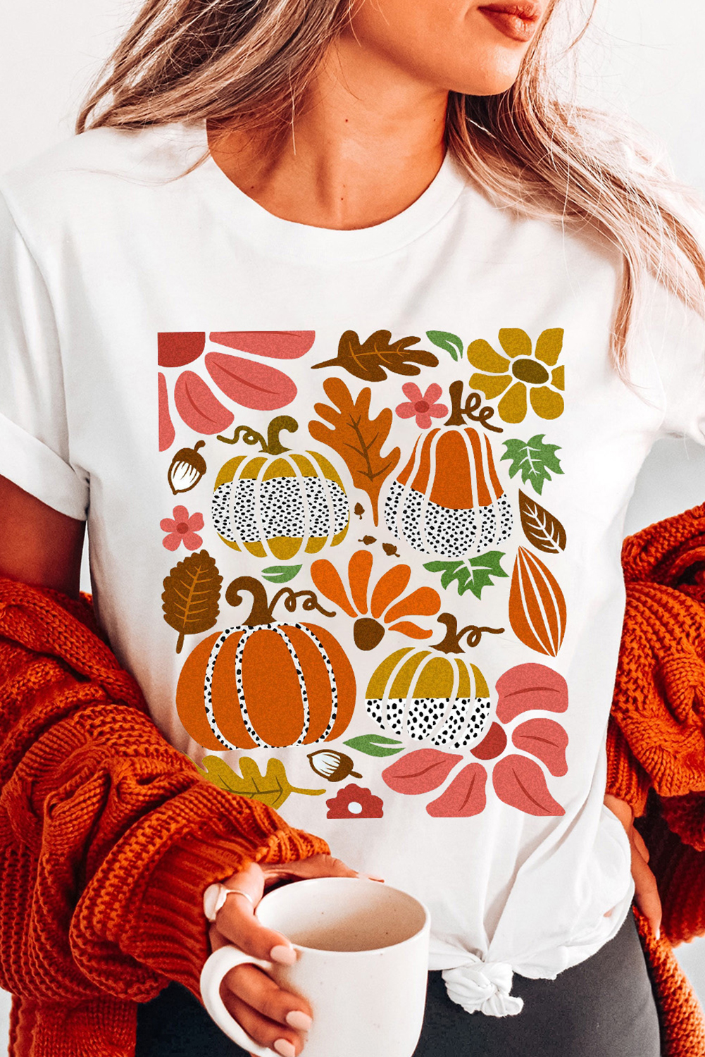 Relaxed Fit Cotton Blend T-Shirt with Pumpkin Floral Design for Daily Wear - Detail View 2