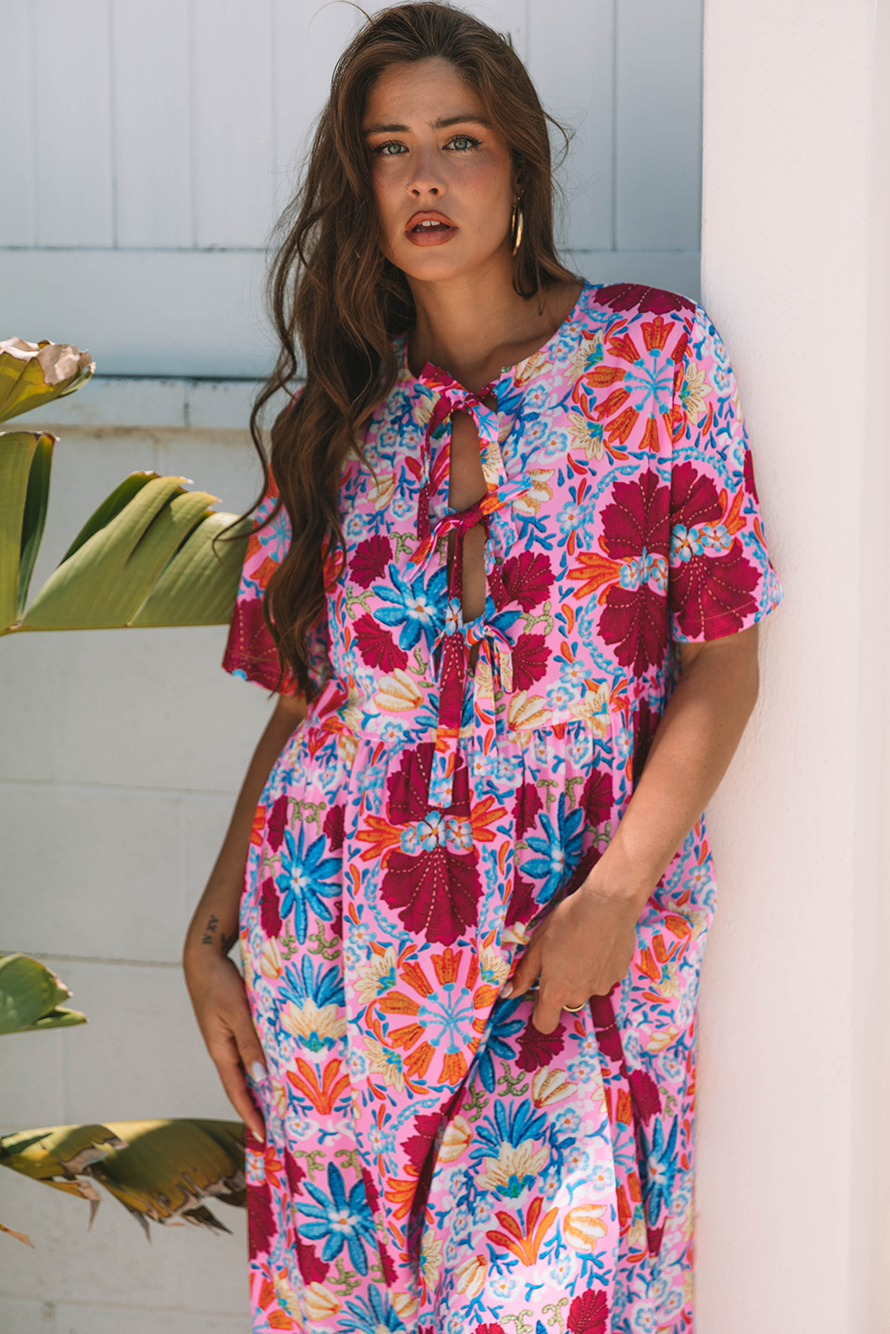 Elegant A-Line Silhouette High Waist Dress - Casual Short Sleeve Floral Maxi - Detail View 7