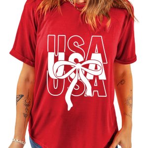 Women's Red USA Bow Printed Casual Cotton Blend T-Shirt - Main View