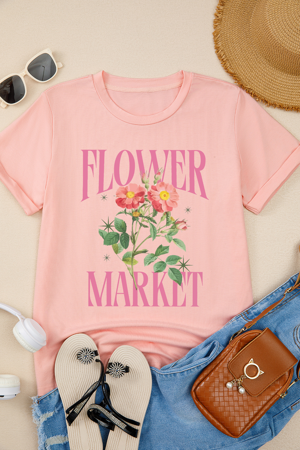 Chic Round Neck T-Shirt for Women - Stylish Pink Flower Market Design - Detail View 3