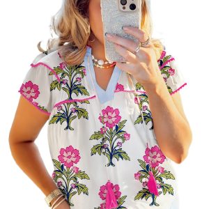 Plus Size Rose Vintage Floral Print Contrast Notched V Neck Blouse for Summer - Main View