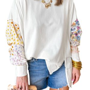 Women's White Floral Dotted Mixed Print Patchwork Sleeve High Low Casual Sweatshirt - Main View