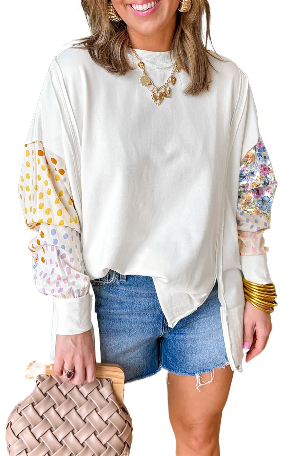 Women's White Floral Dotted Mixed Print Patchwork Sleeve High Low Casual Sweatshirt - Main View