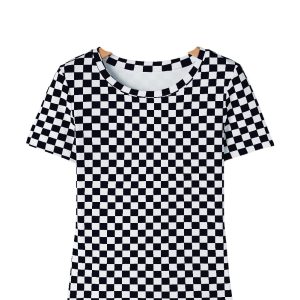 Women's Black Checkered Ribbed Slim Fit Crew Neck T-Shirt for Casual Elegance - Main View