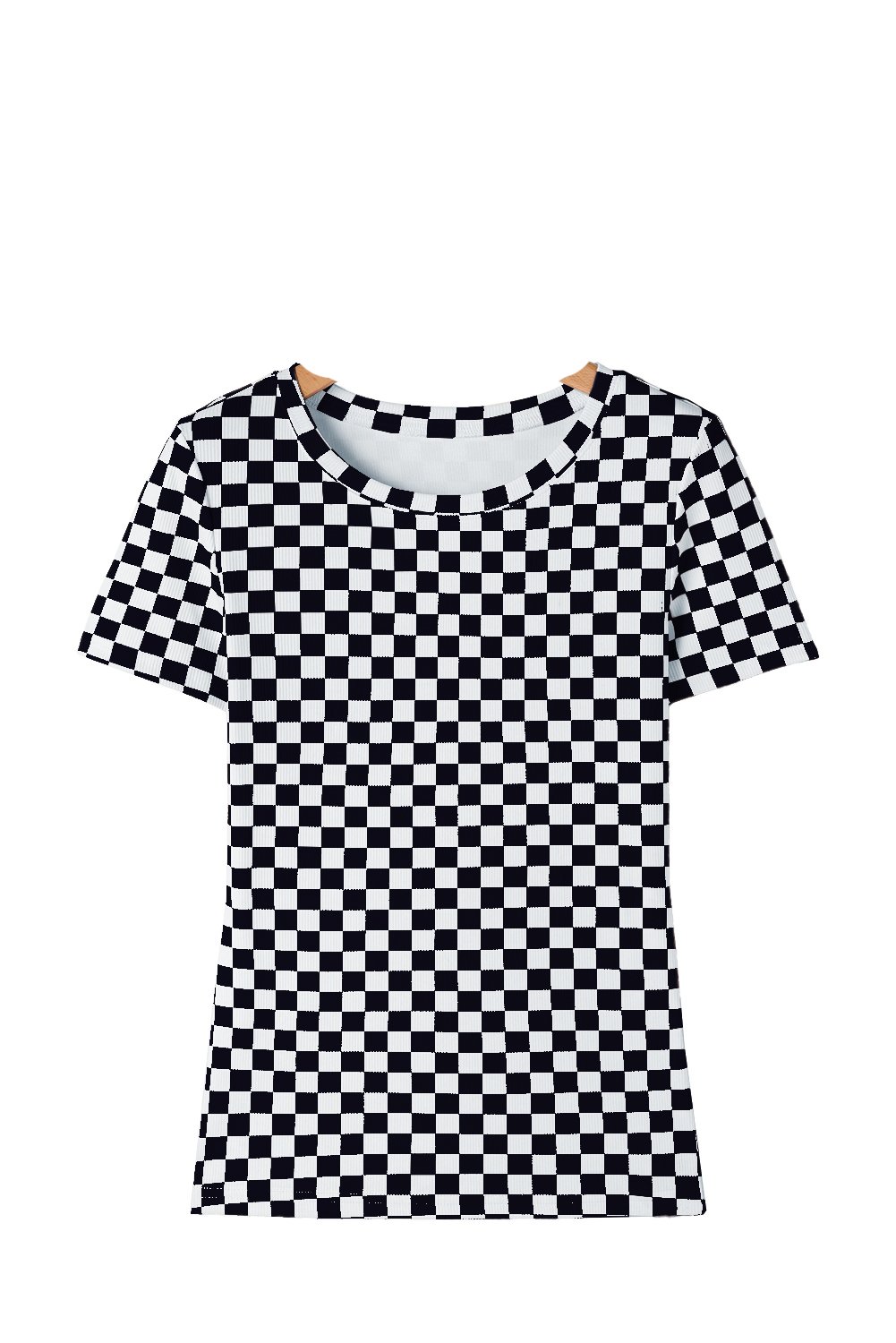 Women's Black Checkered Ribbed Slim Fit Crew Neck T-Shirt for Casual Elegance - Main View