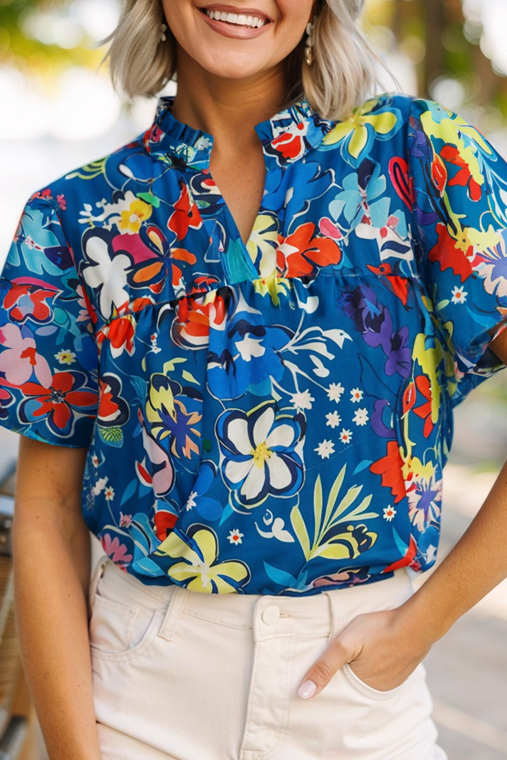 Women's Blue Floral Print V Neck Collared Puff Short Sleeve Blouse - Detail View 9