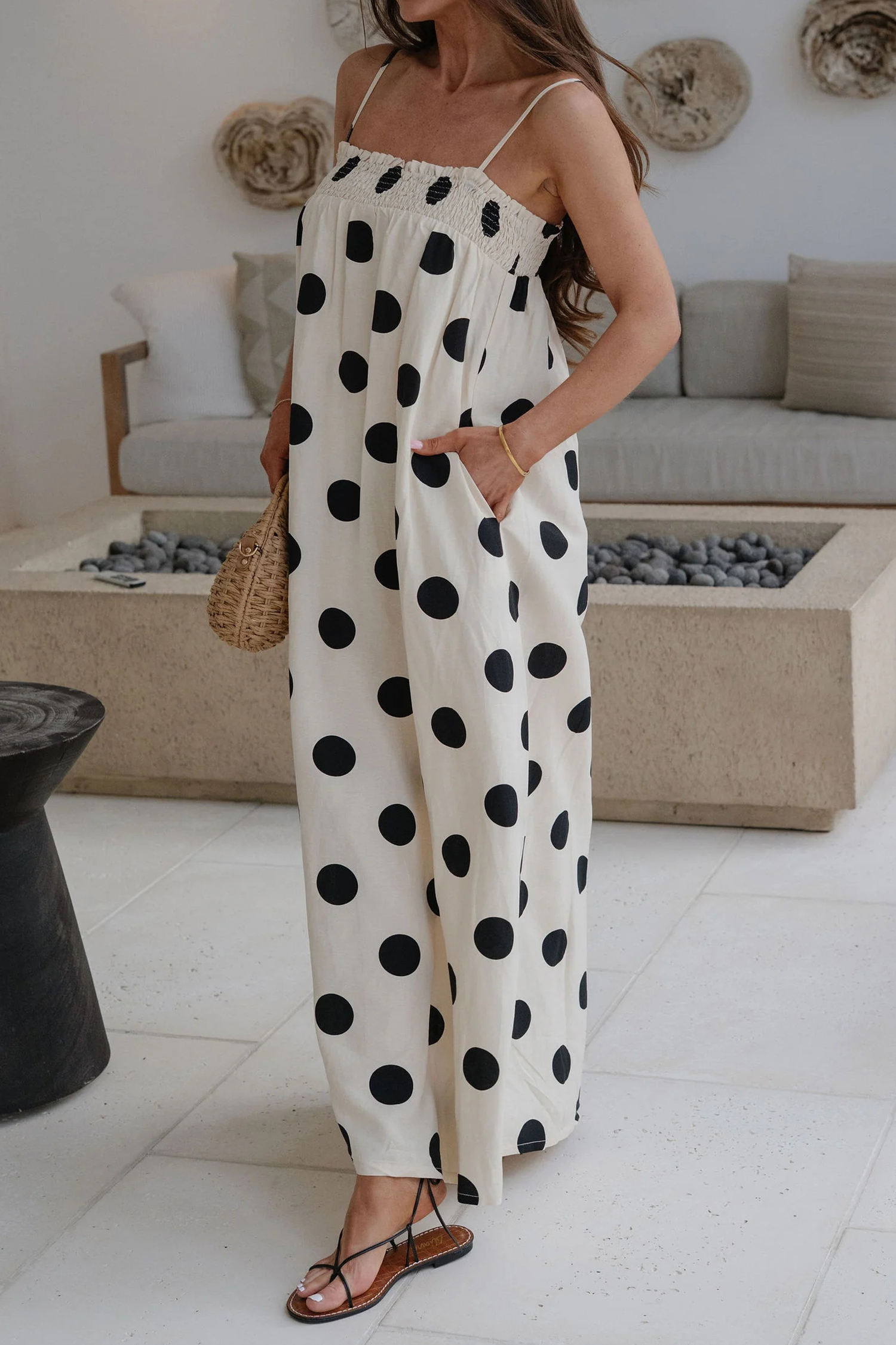 Chic Women's White Polka Dot Maxi Dress – Southern Belle Style, 100% Polyester Summer Gift - Detail View 3