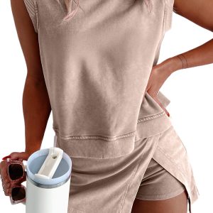 Women's Smoke Gray 2-Piece Mineral Wash Cotton Tank Top and Split Skirt Set - Main View