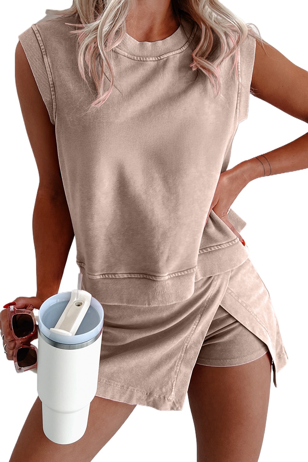 Women's Smoke Gray 2-Piece Mineral Wash Cotton Tank Top and Split Skirt Set - Main View