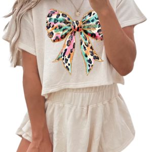 Women's Beige Bold Leopard Bow Print Loose Tee and Skort 2-Piece Set - Main View