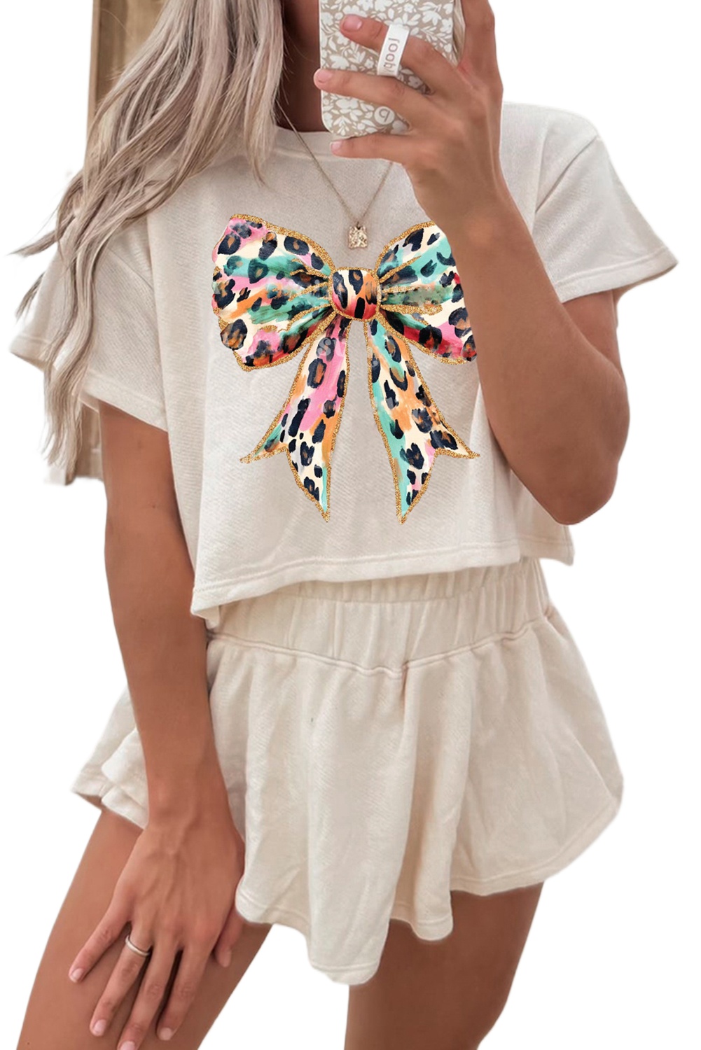 Women's Beige Bold Leopard Bow Print Loose Tee and Skort 2-Piece Set - Main View