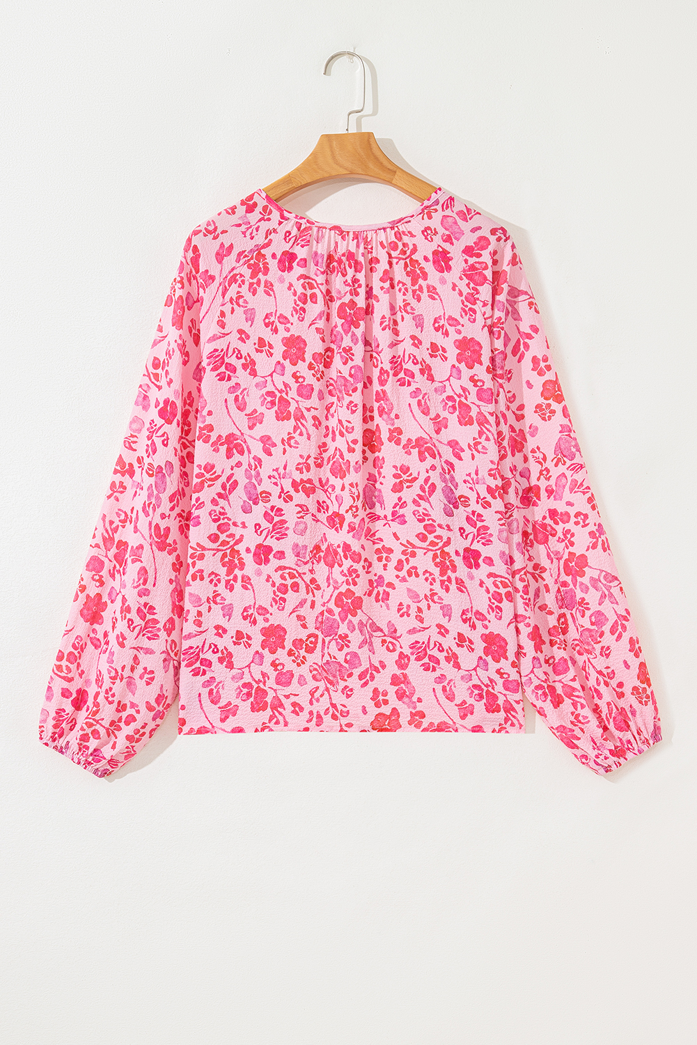 Women's Pink Floral Puff Sleeve Split Neck Lightweight Blouse for Spring - Detail View 5