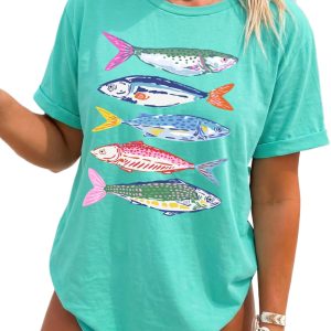 Mint Green Fish Print T-Shirt for Women – Casual Short Sleeve Round Neck Tee for Summer Vacation - Main View