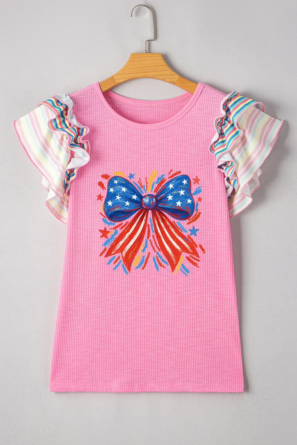 Trendy Ribbed Summer Top with Stars and Stripes - Casual Women's T-Shirt - Detail View 7