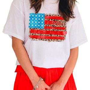 Women's White Leopard Insert American Flag Graphic T-Shirt - Casual Summer Tee - Main View