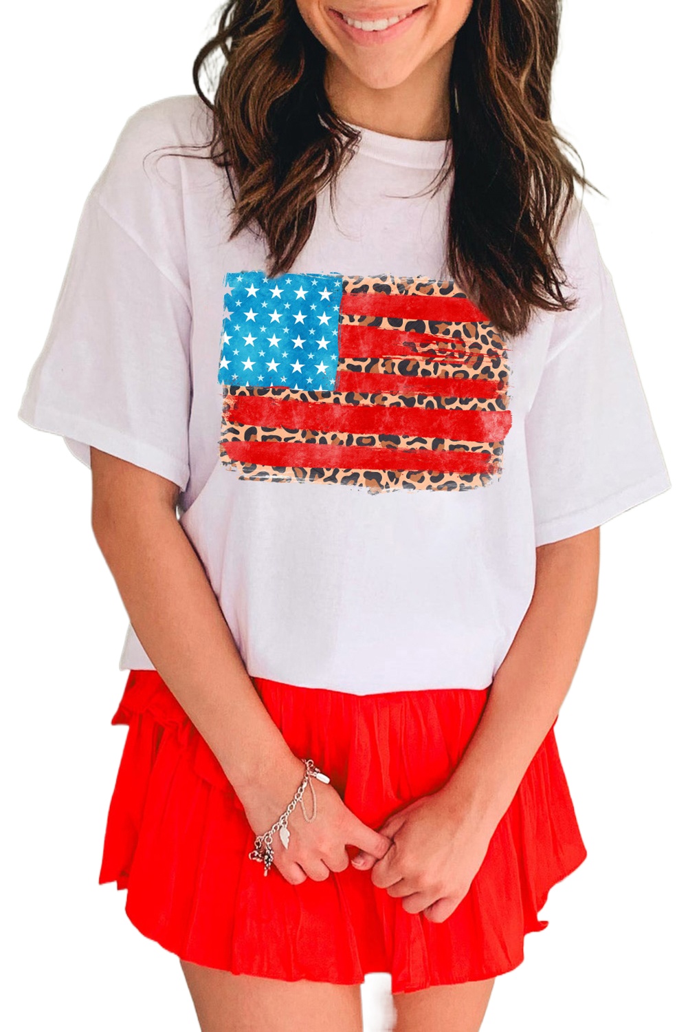 Women's White Leopard Insert American Flag Graphic T-Shirt - Casual Summer Tee - Main View