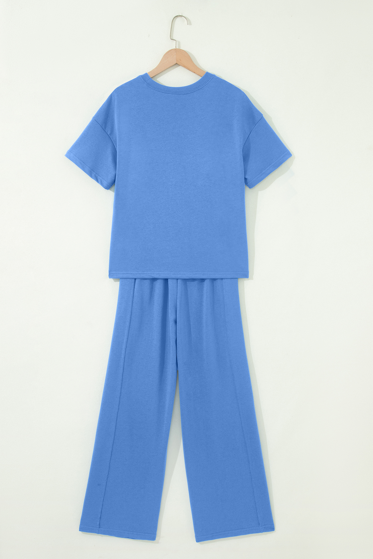 Sky Blue Casual Summer Outfit for Women – Cotton Blend Short Sleeve Top and Wide Leg Lounge Trousers - Detail View 5