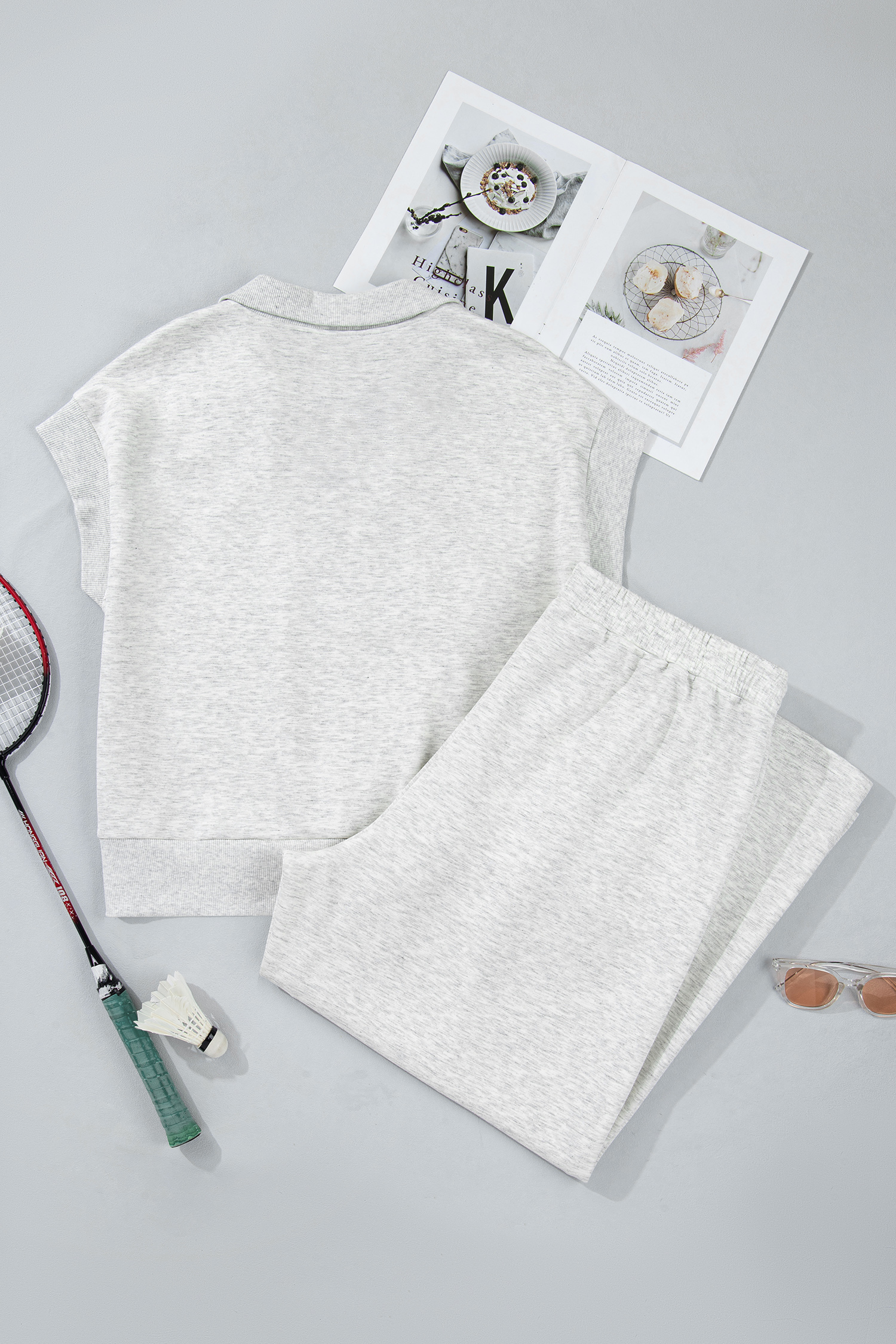 Light Grey Summer Loungewear Set – Casual 2-Piece Outfit with High-Waisted Pants - Detail View 3