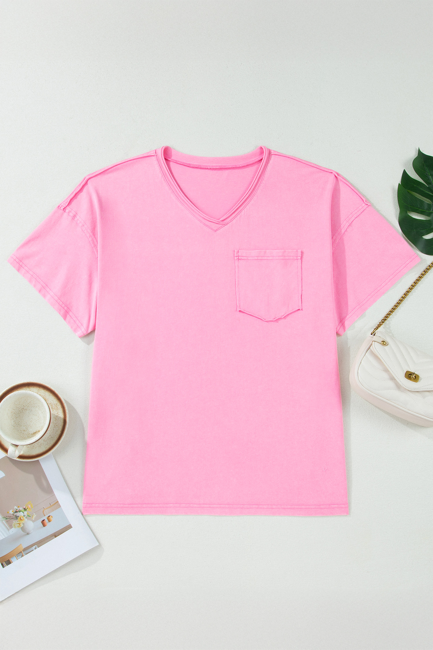 Plus Size Women's Sachet Pink V-Neck Tee – 100% Cotton Short Sleeve Washed Casual T-Shirt for Summer - Detail View 7