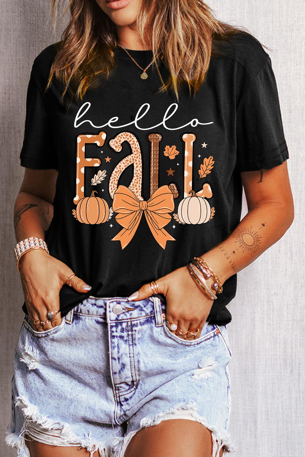 Women's Graphic Tee, Black T-Shirt, Hello Fall, Pumpkin Graphic, Bow Detail, Casual Style, Autumn Fashion, Thanksgiving Top, Short Sleeve, Comfortable, Daily Wear, Cotton Blend, Easy to Pair, Shift Silhouette - Detail View 8