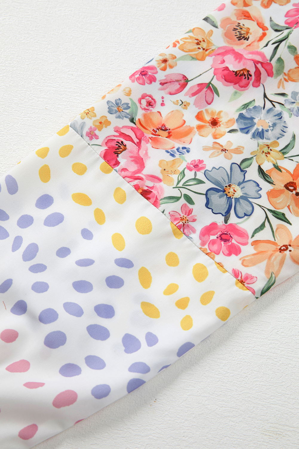 Women's White Floral Dotted Mixed Print Patchwork Sleeve High Low Casual Sweatshirt - Detail View 9