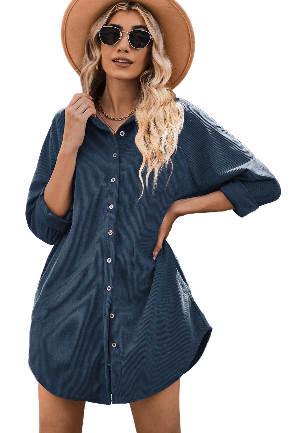 Chic and Cozy Blue Corduroy Mini Dress - Classic Shirt Style for Fall - Detail View 10