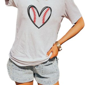 Women's White Graphic Tee with Baseball Heart Shape Embroidery - Main View