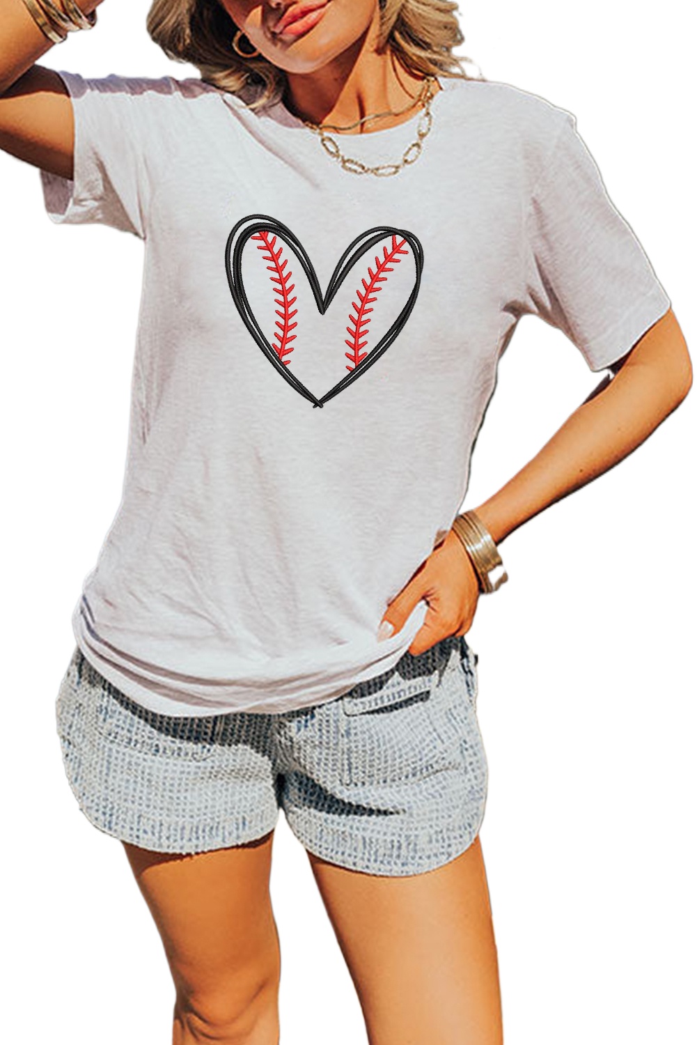 Women's White Graphic Tee with Baseball Heart Shape Embroidery - Main View