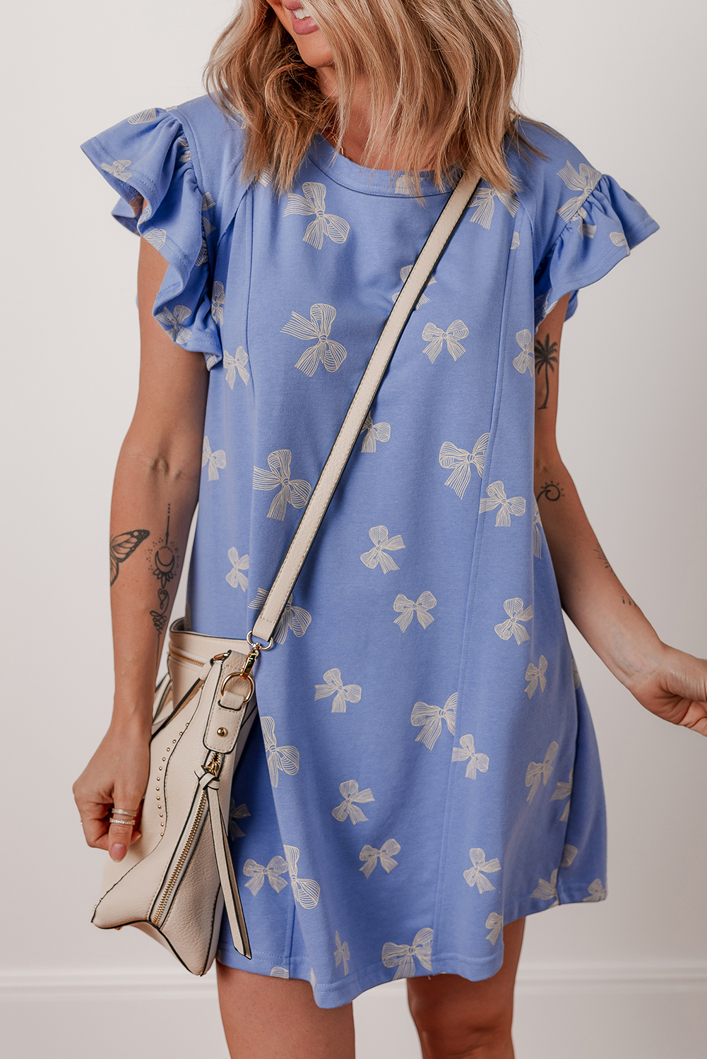 Women's Sky Blue Ruffled Sleeve Shift Mini Dress with Charming Bow Knot Print - Detail View 5