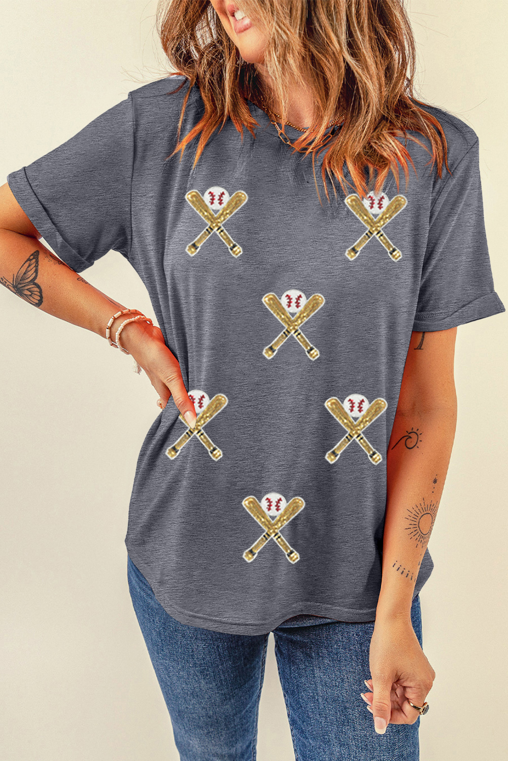 Women's Gray Sequined Game Day Casual Tee - Baseball Graphic T-Shirt - Detail View 13