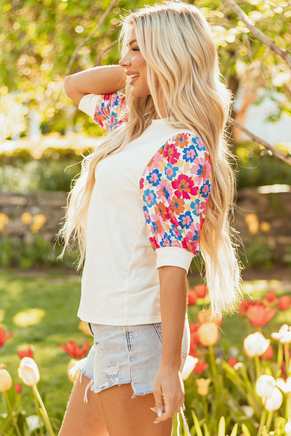 Breathable Cotton Blend Beige Top with Vibrant Floral Pattern and Round Neck - Detail View 3