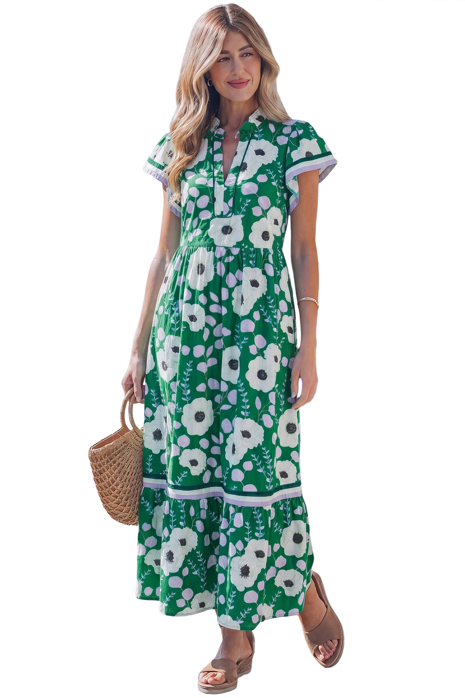 Women's Green Floral Maxi Dress – Ruffled Short Sleeve, High Waist Patchwork Summer Style - Detail View 7
