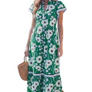 Women's Green Floral Maxi Dress – Ruffled Short Sleeve, High Waist Patchwork Summer Style - Main View