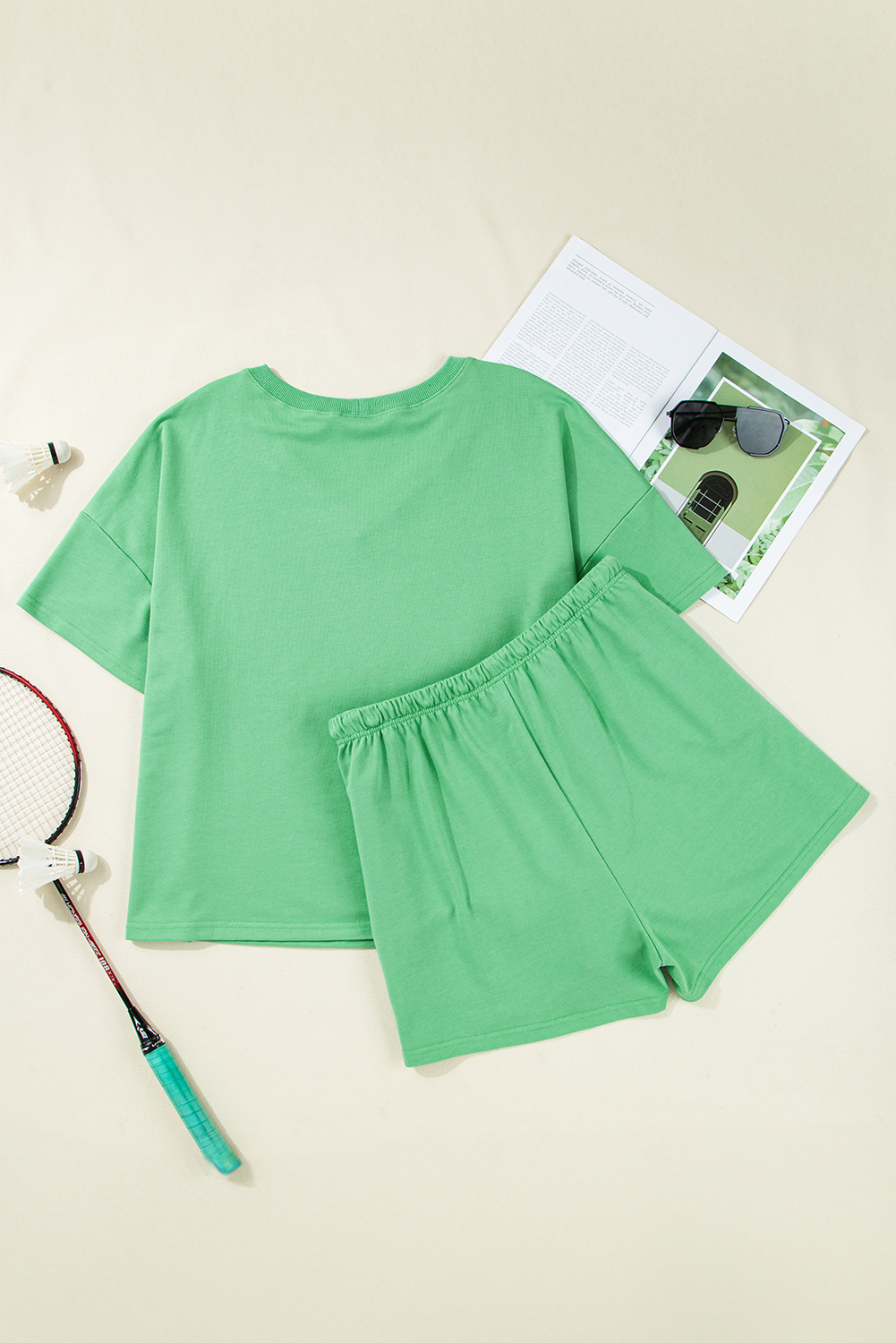 Mint Green Plus Size V Neck Tee and Patched Pocket Drawstring Shorts Set - Detail View 5