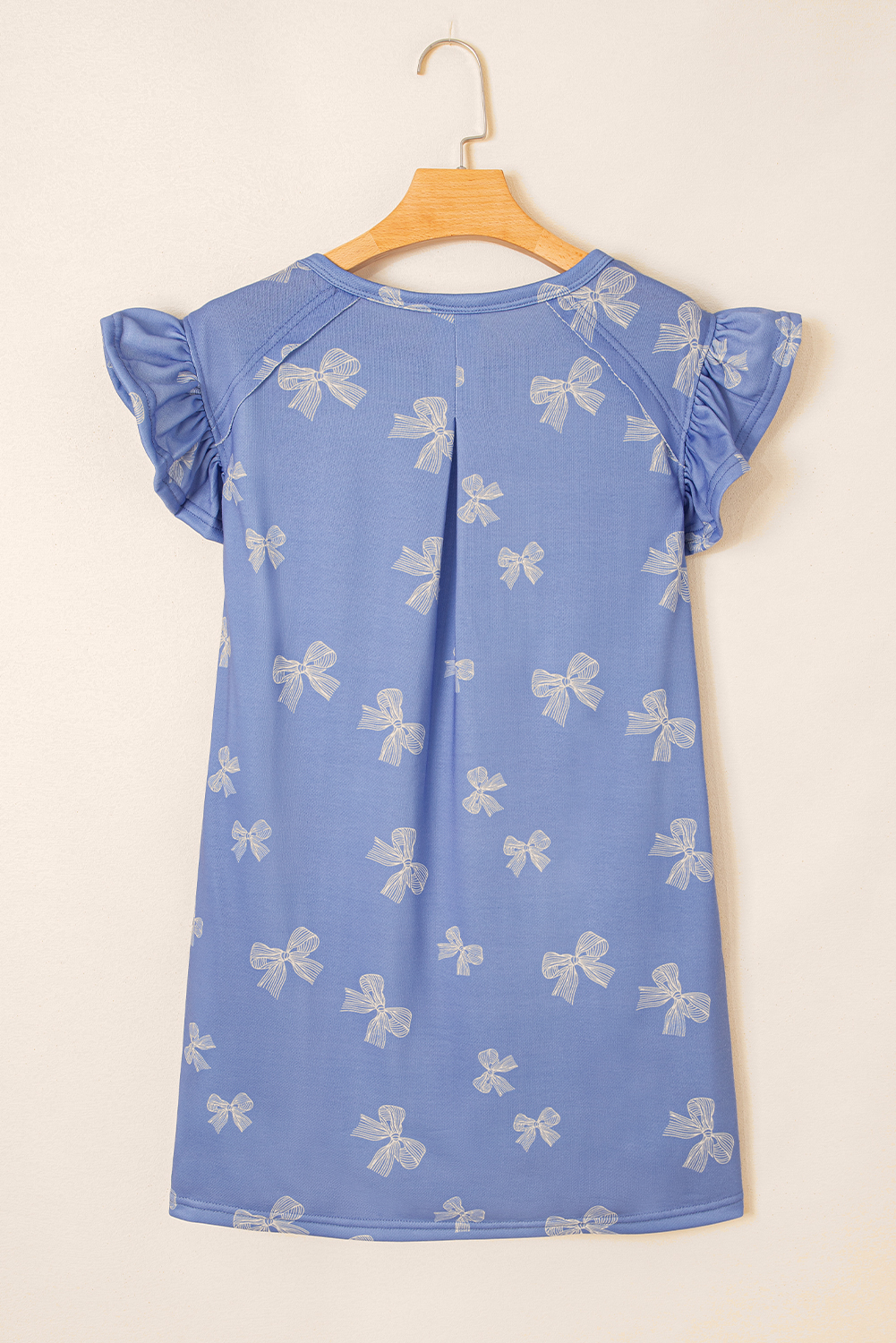 Women's Mini Dress, Sky Blue, Ruffled Sleeves, Bow Knot Print, Casual Wear, Daily Outfits, Summer Fashion, Shift Silhouette, Comfortable Fit, Trendy Style, Round Neck, Short Sleeve, H-Line Dress - Detail View 8