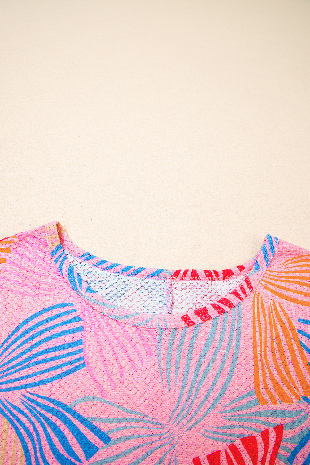 Women's Top, Pink, Bowknot Print, Waffle Texture, Crewneck, Loose Fit, Short Sleeve, Casual Style, Summer Wear, Everyday Wear, Beachwear, Outdoor Tops, Vacation Style, Comfortable, Versatile - Detail View 8