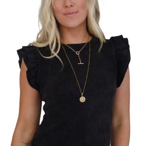 Women's Black Ruffled Crew Neck Slim Fit Top - Elegant Short Sleeve Blouse - Main View