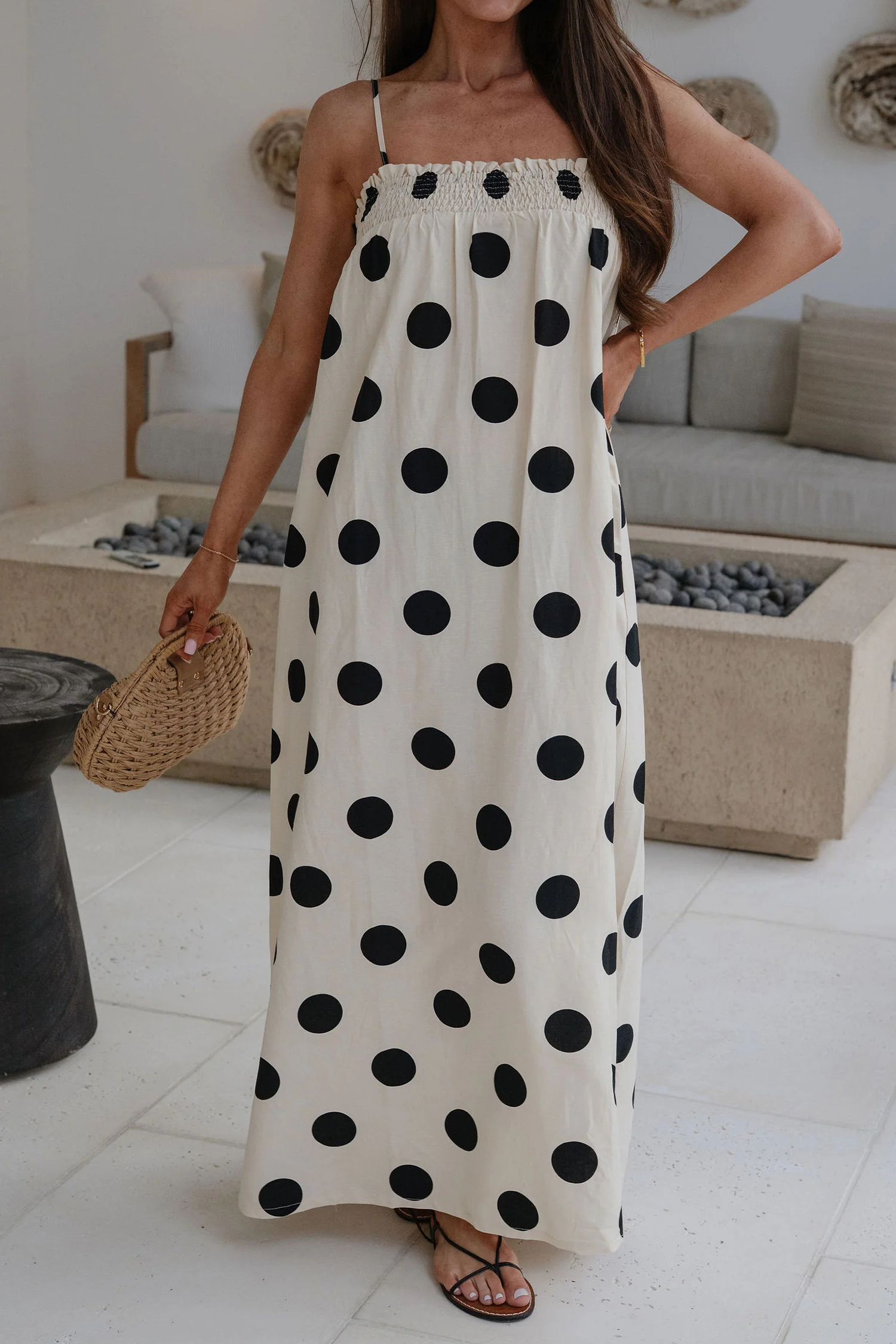 Adult Women's Polka Dot Maxi Dress – Flowy Sleeveless Shift for Summer Vacation & Daily Wear - Detail View 5