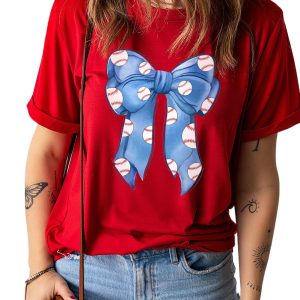 Women's Casual Red Rugby Bowknot Graphic Crew Neck Tee - Stylish & Comfortable - Main View