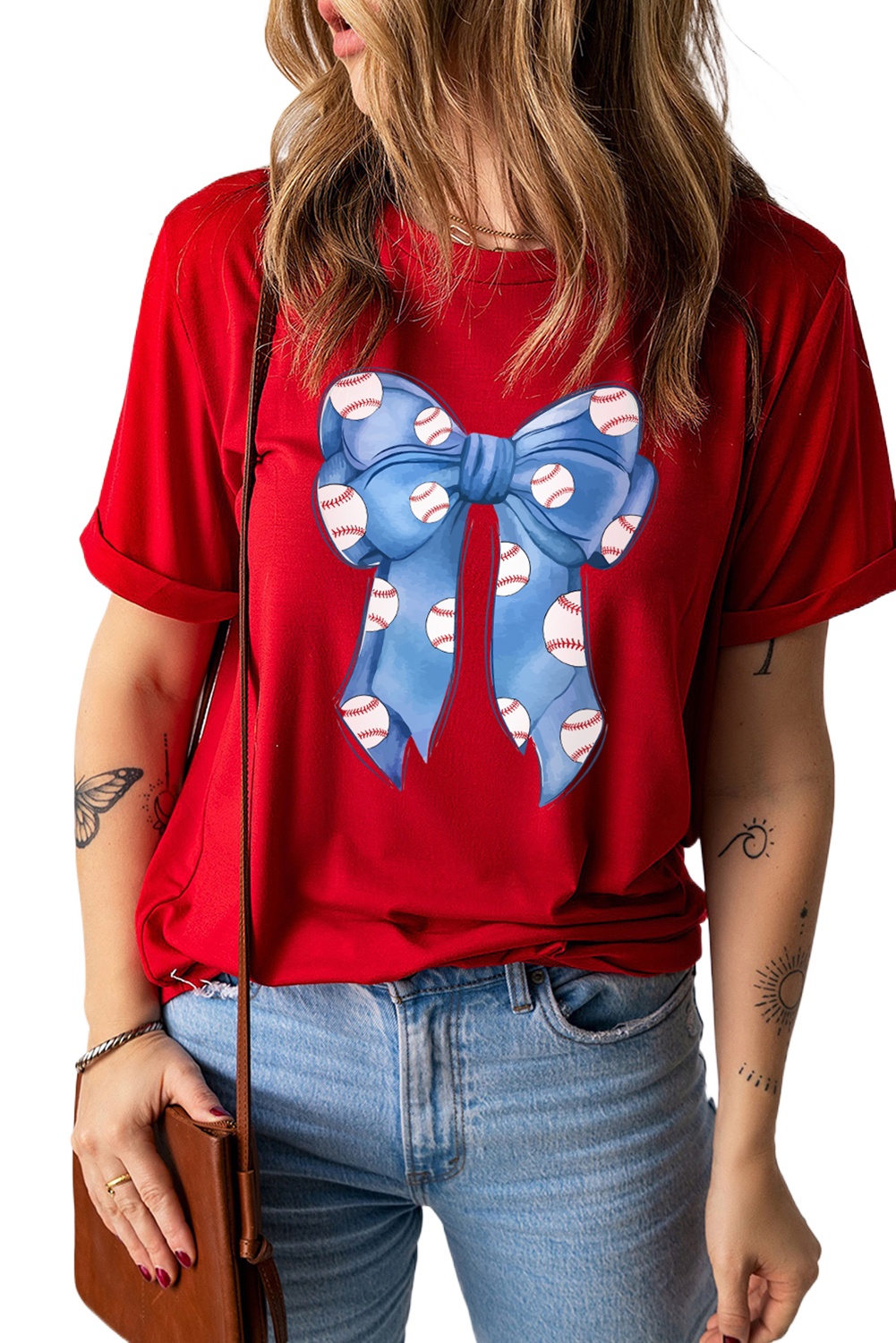Women's Casual Red Rugby Bowknot Graphic Crew Neck Tee - Stylish & Comfortable - Main View