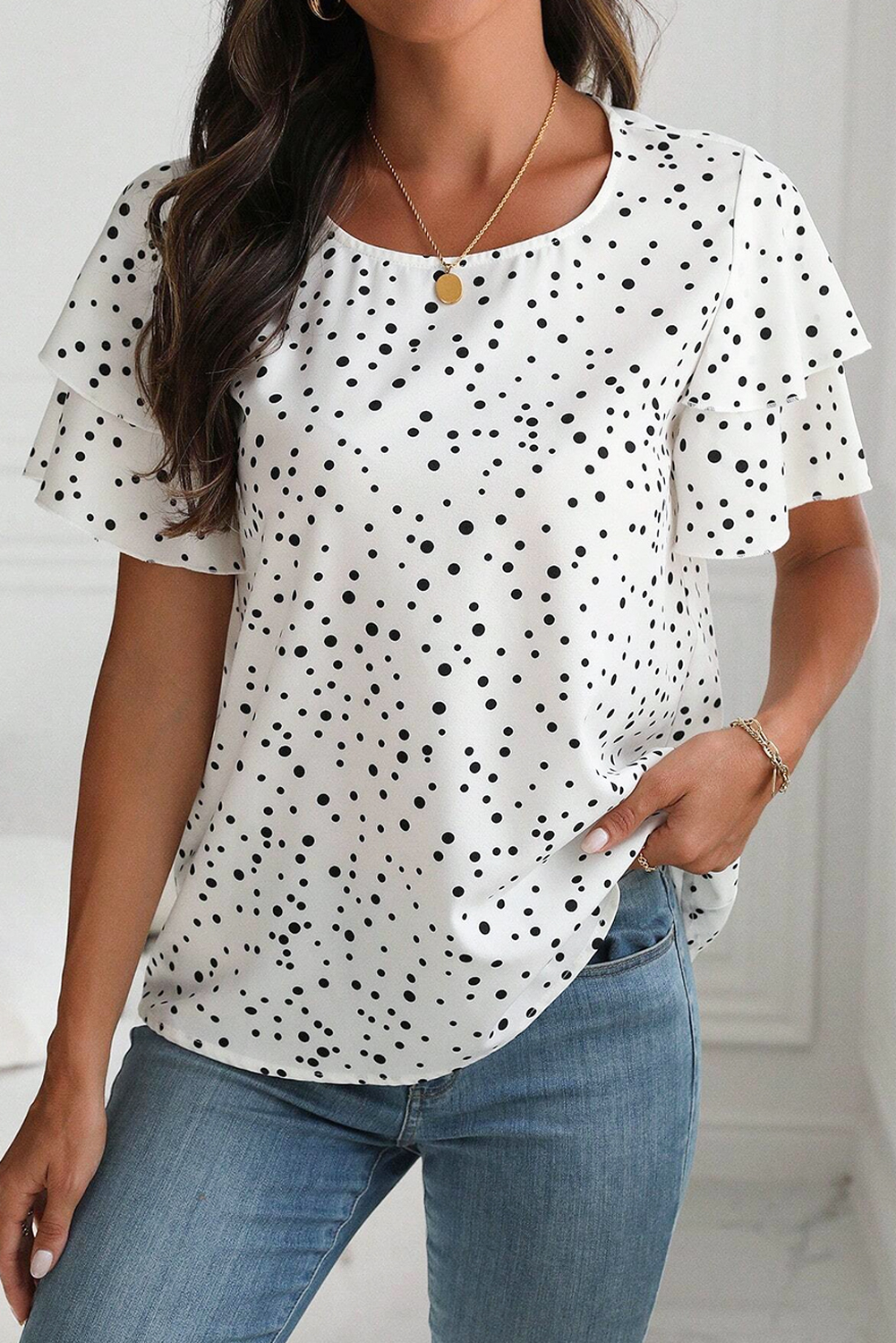 Women's White Dalmatian Print Layered Ruffled Short Sleeve Blouse - Detail View 5