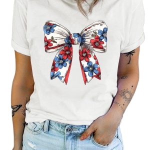 Women's White July 4th Floral Bowknot Print Crew Neck T-Shirt for Independence Day - Main View