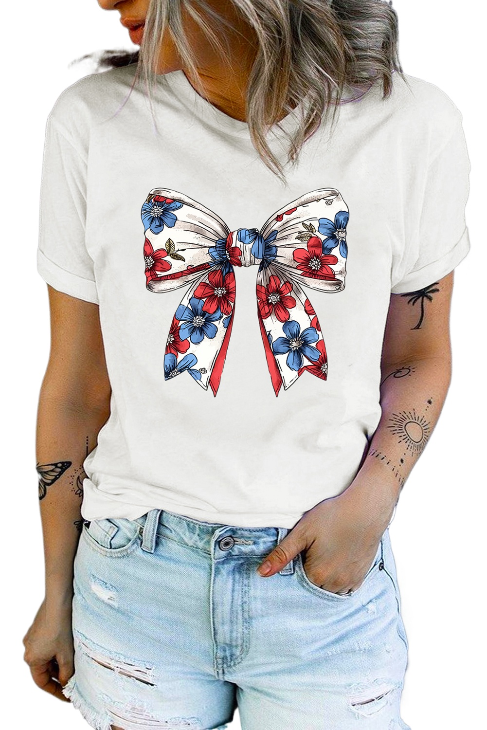 Women's White July 4th Floral Bowknot Print Crew Neck T-Shirt for Independence Day - Main View