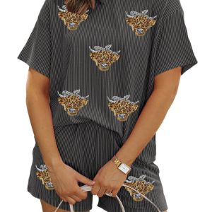 Women's Carbon Grey Sequin Heifer Patched 2-Piece Twisted Ribbed Casual Short Set - Main View