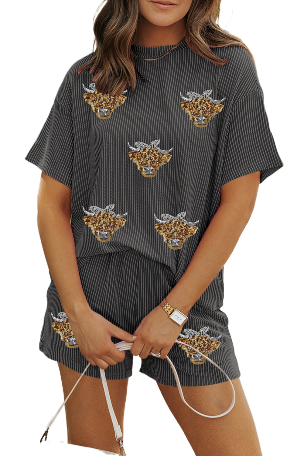 Women's Carbon Grey Sequin Heifer Patched 2-Piece Twisted Ribbed Casual Short Set - Main View