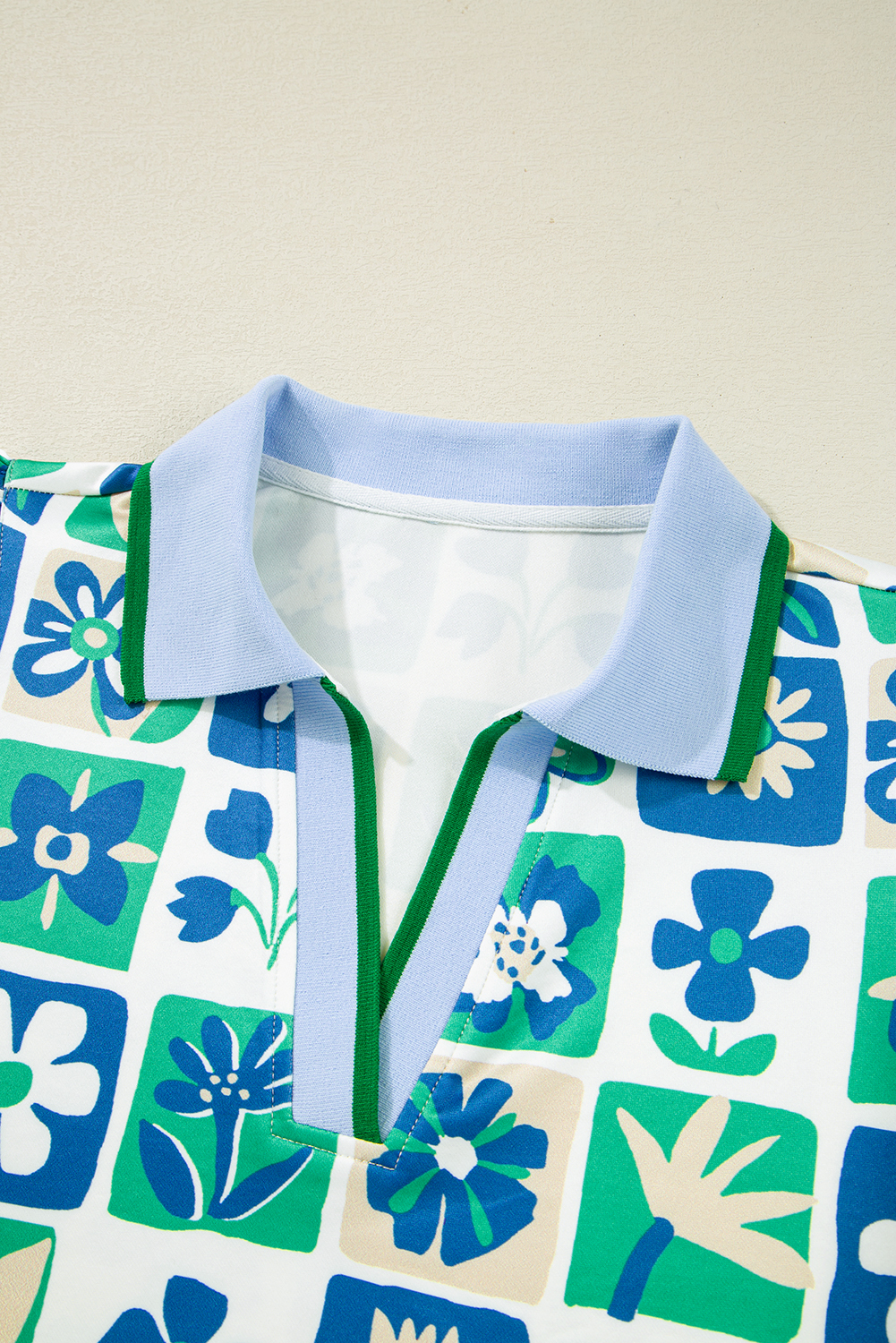 Chic and Playful Flutter Sleeve Blouse - Green Floral and Plaid Design - Detail View 6