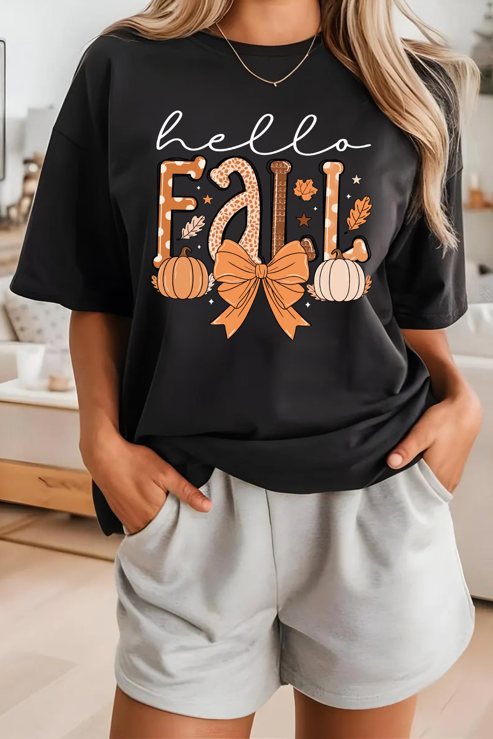 Cute and Casual Black T-Shirt with Pumpkin Graphic and Bow for Autumn - Detail View 2