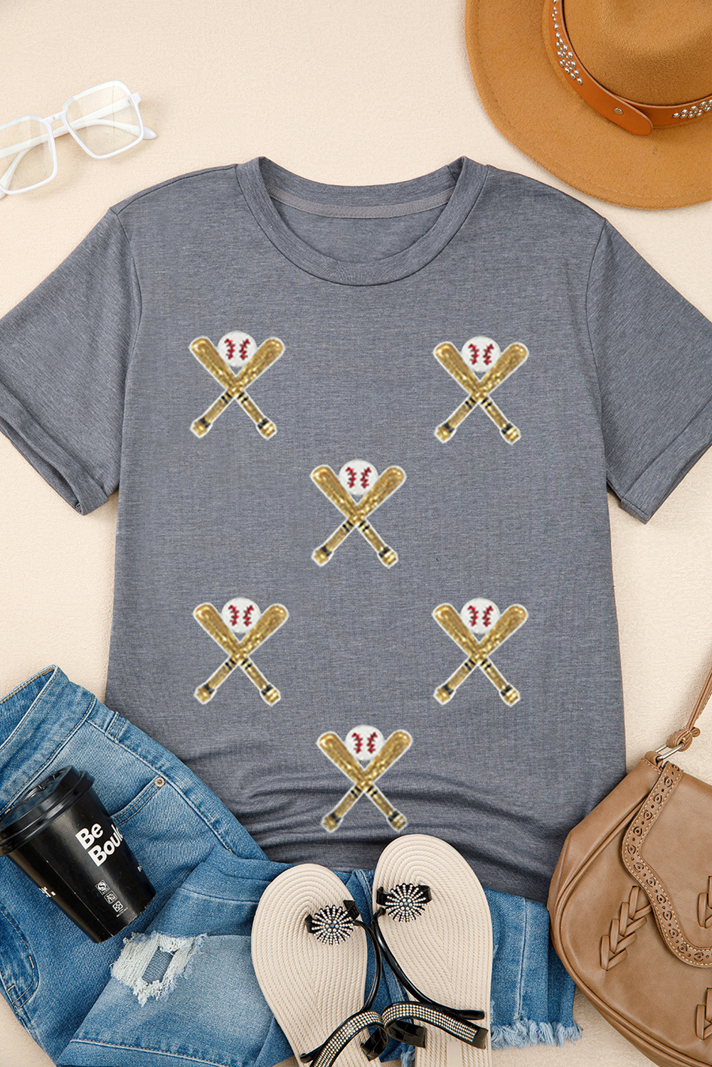 Stylish Gray Casual Tee with Sequined Baseball and Crossed Bats Design - Detail View 2