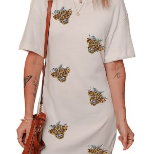 Women's White Heifer Patched Crewneck Shift T-Shirt Dress - Casual Summer Style - Main View